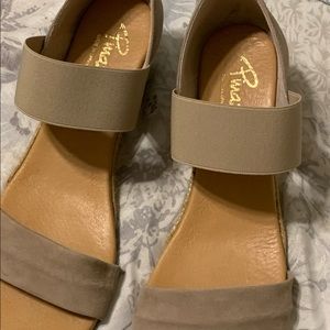 Suede slip on Pinaz brand wedge sandals. Stretchy band over top of foot.